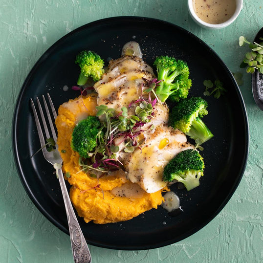 Honey Mustard Chicken with Sweet Potato Mash & Broccoli <small> Lean Gain Diet </small>