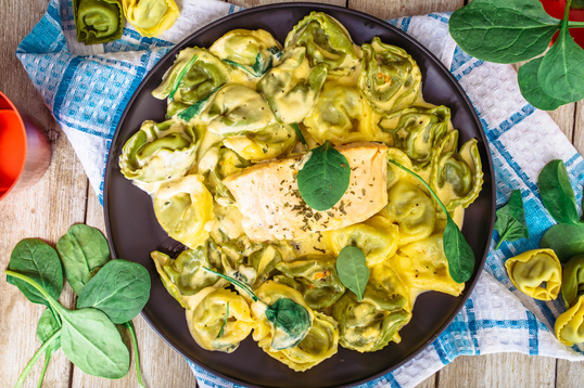 Grilled Salmon with Stuffed Spinach & Cheese Tortellini