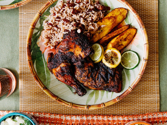 Jerked Chicken with Jasmine Rice, Peas & Plaintains