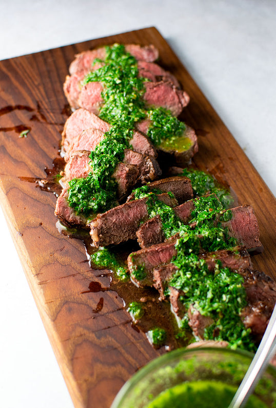 Chimichurri Sirloin Steak with Herb Roasted Sweet Potatoes.